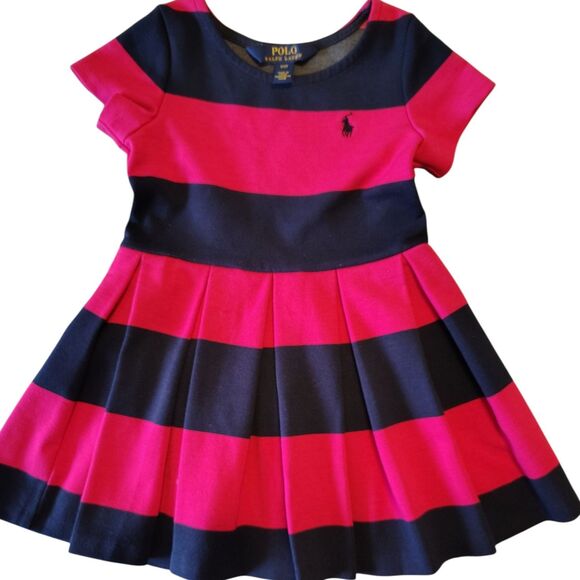 Polo Ralph Lauren Blue & Pink Striped Pleated Short Sleeve Dress Size 3/3T Girls